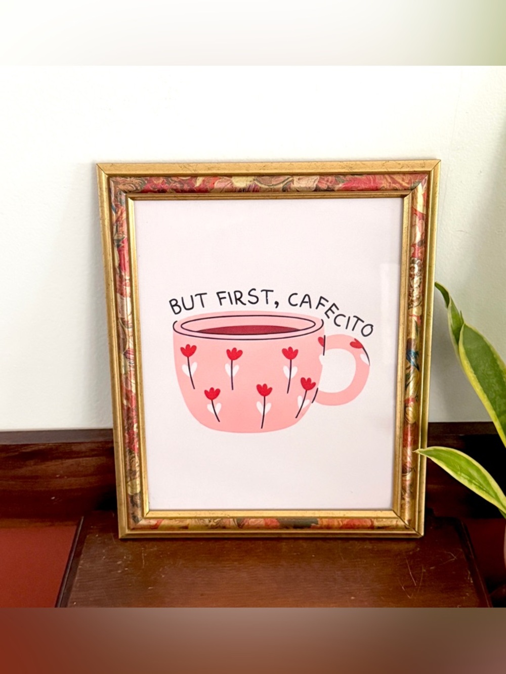 But First, Cafecito Spanish Coffee Floral Pink Mug Canvas Print Vtg Floral Frame
